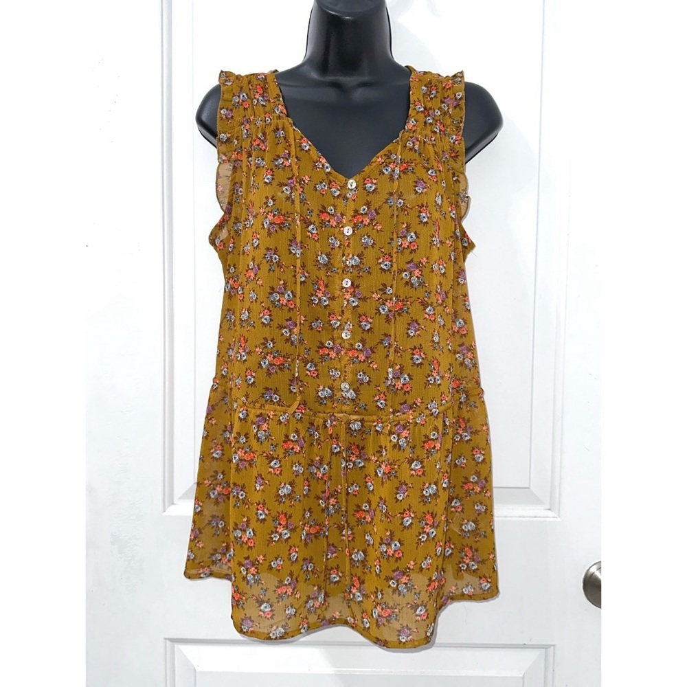 Mossimo sleeveless Mustard Yellow sheer blouse with a multi-colored floral print